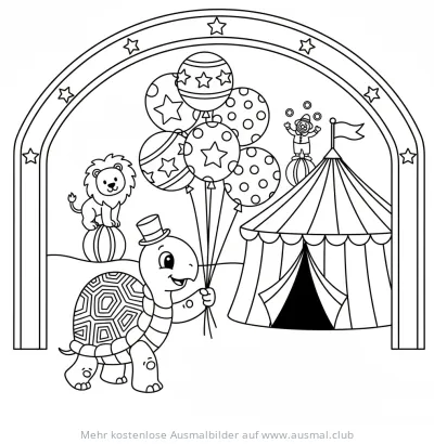 Zirkus Schildkröte mit Luftballons Ausmalbild