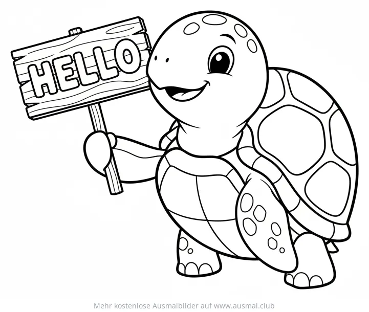 Freundliche Schildkröte hält ein Schild mit 'HELLO' Ausmalbild