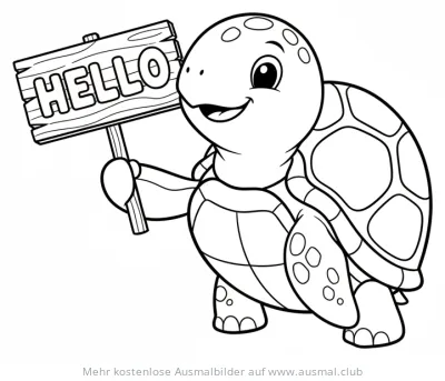 Freundliche Schildkröte hält ein Schild mit 'HELLO' Ausmalbild