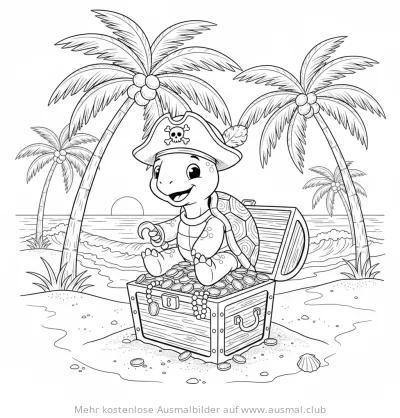 Schildkröte mit Piratenhut auf Schatztruhe Ausmalbild