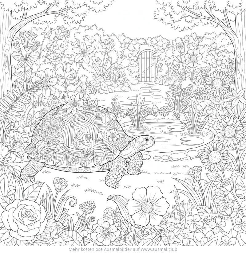 Schildkröte im Garten Ausmalbild mit Blumenmuster