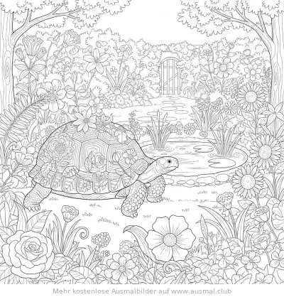Schildkröte im Garten Ausmalbild mit Blumenmuster
