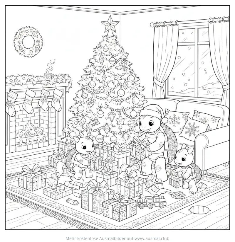 Schildkröten vor Weihnachtsbaum mit Geschenken Ausmalbild