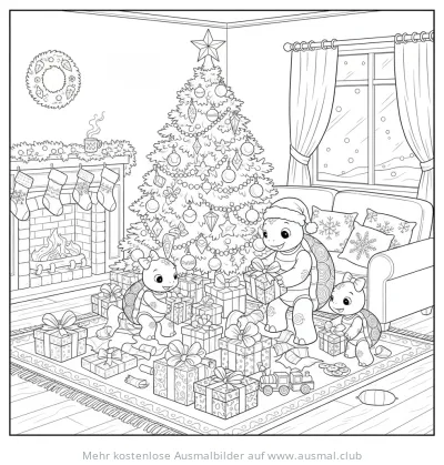 Schildkröten vor Weihnachtsbaum mit Geschenken Ausmalbild