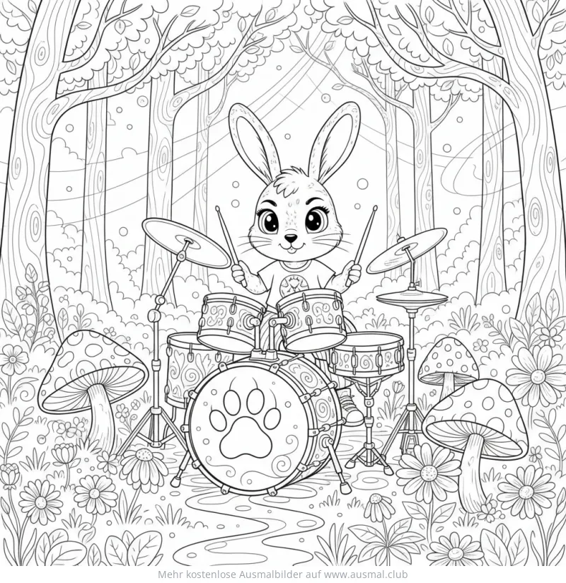 Hase spielt Schlagzeug im Wald Ausmalbild