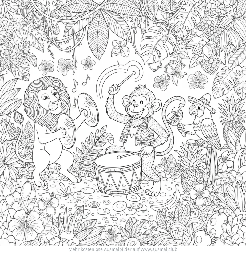 Löwe, Affe und Papagei spielen Schlagzeug im Dschungel Ausmalbild