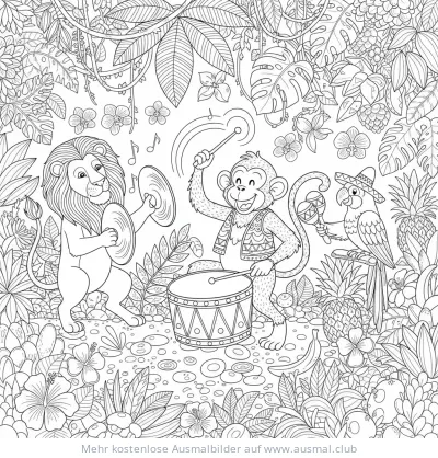 Löwe, Affe und Papagei spielen Schlagzeug im Dschungel Ausmalbild