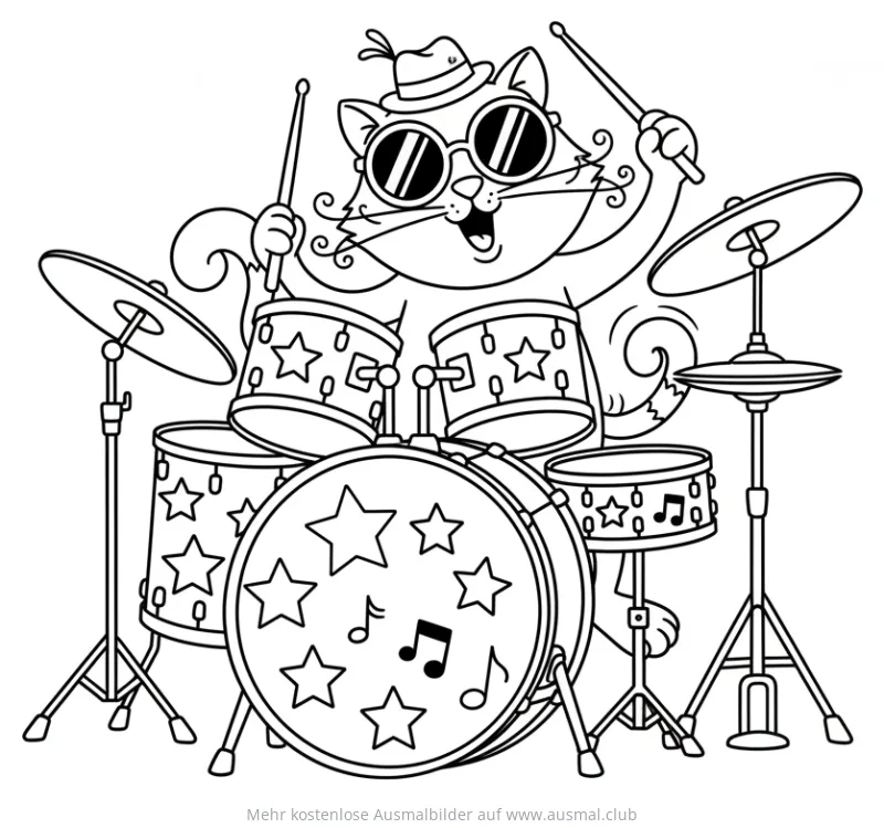 Katze mit Hut und Sonnenbrille spielt Schlagzeug Ausmalbild
