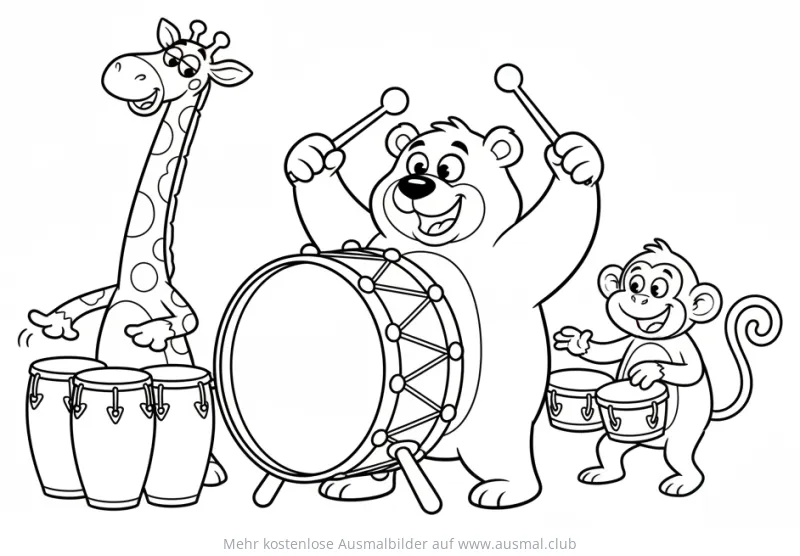 Schlagzeug spielende Tiere Ausmalbild: Bär, Affe und Giraffe