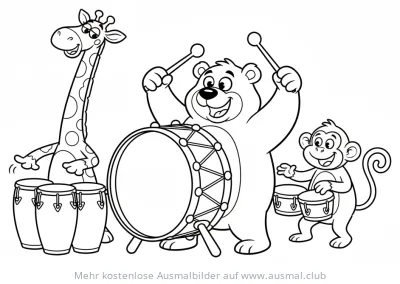 Schlagzeug spielende Tiere Ausmalbild: Bär, Affe und Giraffe