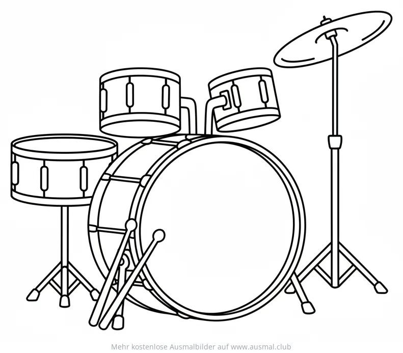 Schlagzeug Ausmalbild mit Bassdrum, Toms und Becken