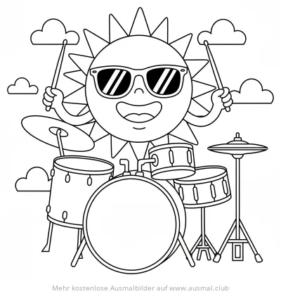 Schlagzeug spielende Sonne mit Sonnenbrille Ausmalbild