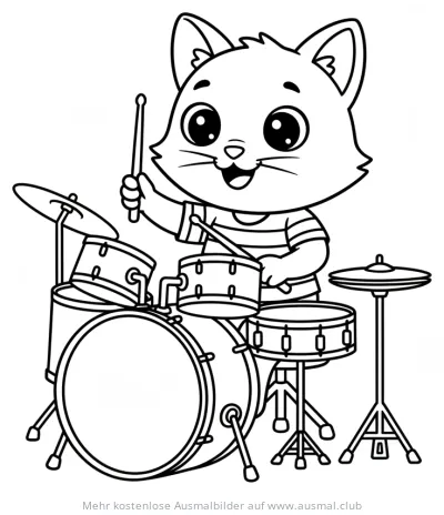 Katze spielt Schlagzeug Ausmalbild