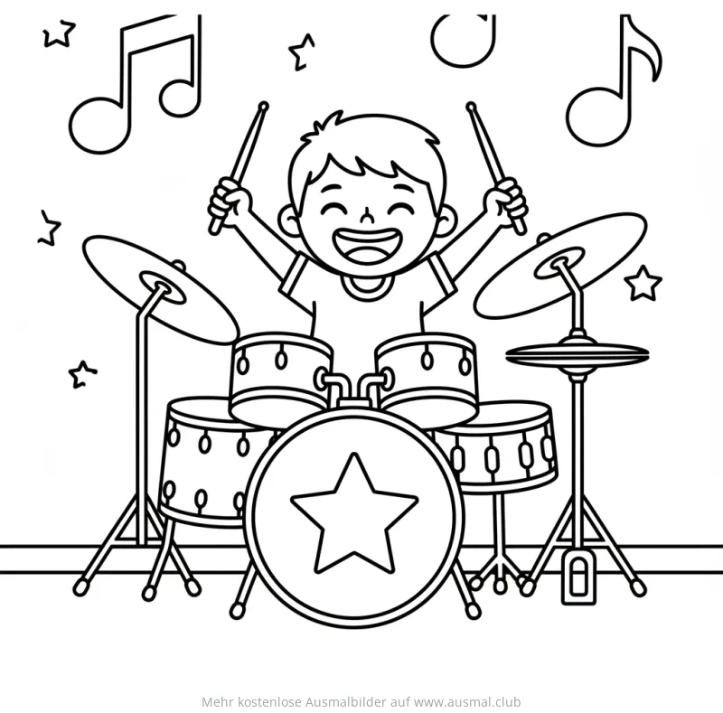 Junge am Schlagzeug mit Noten Ausmalbild