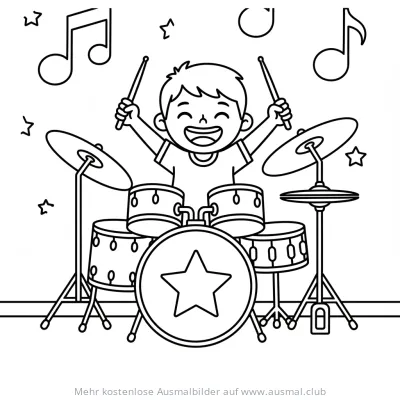 Junge am Schlagzeug mit Noten Ausmalbild