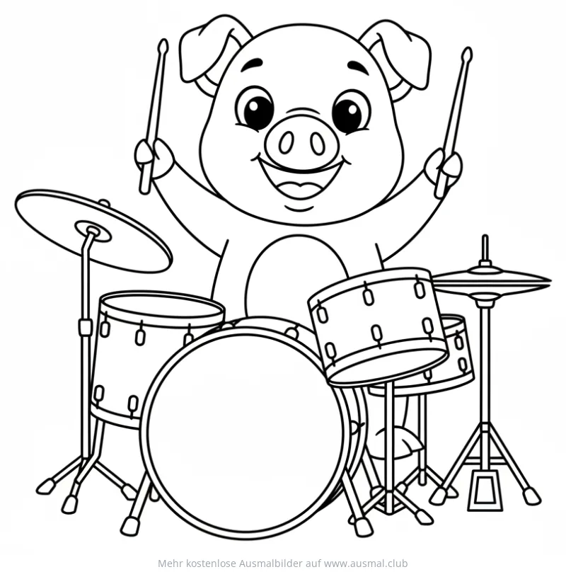 Schwein spielt Schlagzeug Ausmalbild
