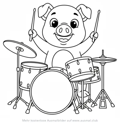 Schwein spielt Schlagzeug Ausmalbild