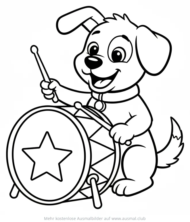 Hund spielt Schlagzeug Ausmalbild mit Stern
