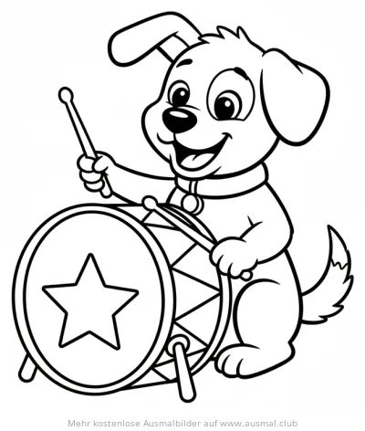 Hund spielt Schlagzeug Ausmalbild mit Stern