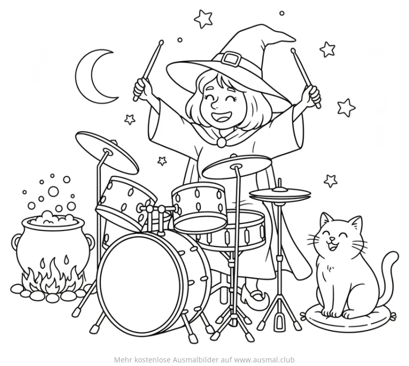 Hexe spielt Schlagzeug mit Katze und Zaubertrank Ausmalbild