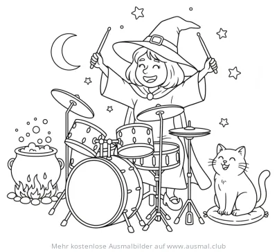 Hexe spielt Schlagzeug mit Katze und Zaubertrank Ausmalbild