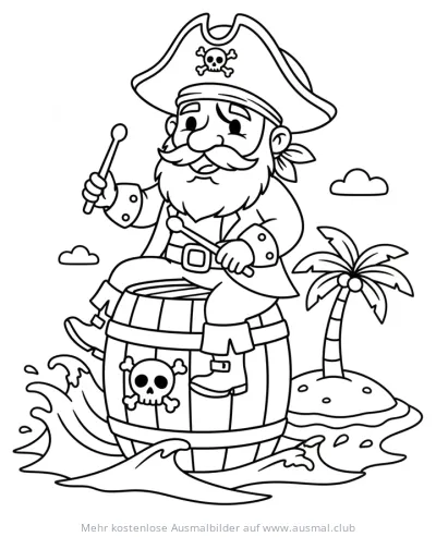 Pirat sitzt auf Fass und spielt Schlagzeug Ausmalbild