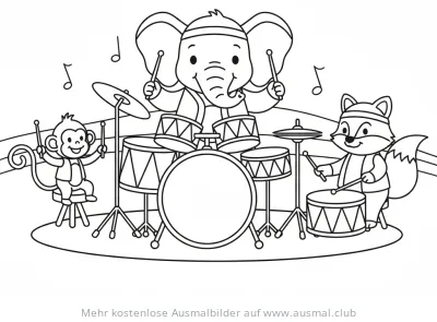 Tierband mit Elefant, Affe und Fuchs am Schlagzeug Ausmalbild
