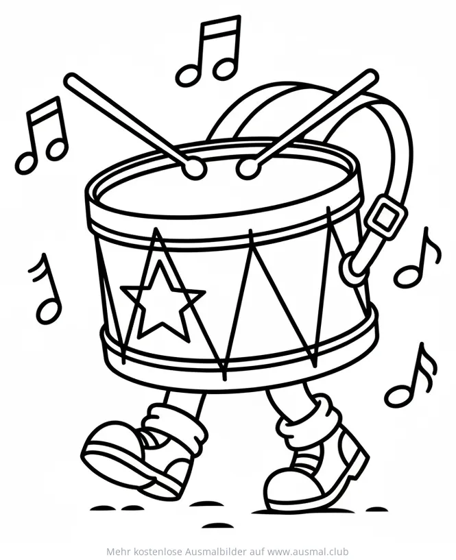 Marschtrommel mit Beinen und Noten Ausmalbild