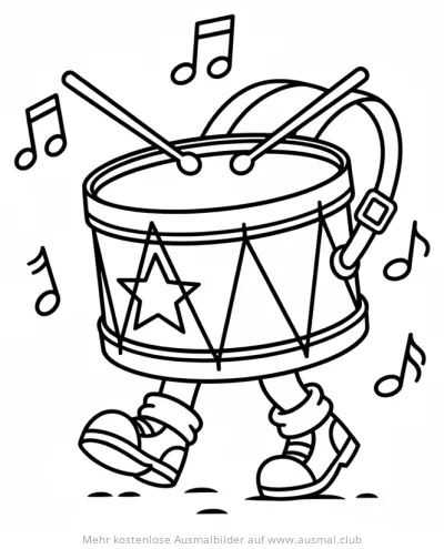 Marschtrommel mit Beinen und Noten Ausmalbild