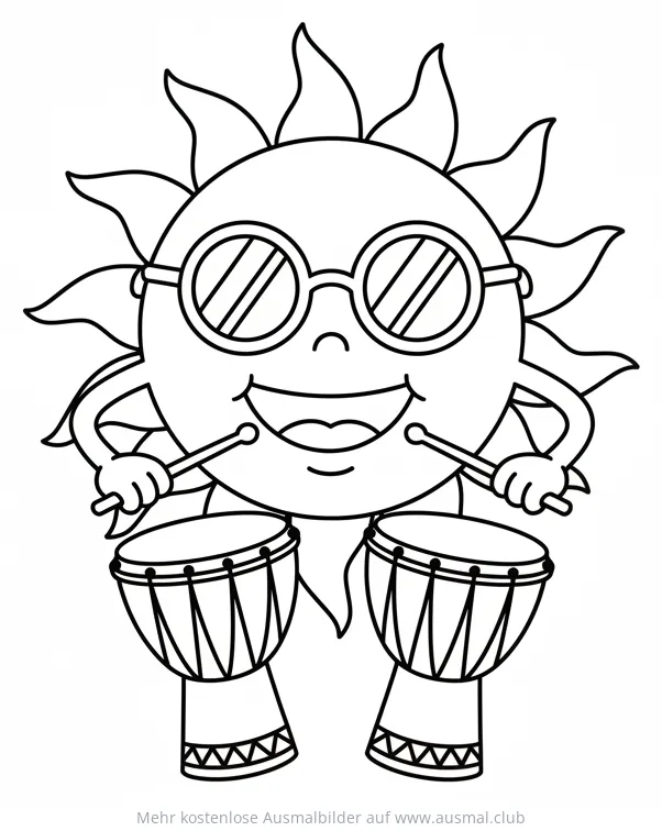 Sonne mit Sonnenbrille spielt Djembes Ausmalbild