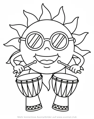 Sonne mit Sonnenbrille spielt Djembes Ausmalbild