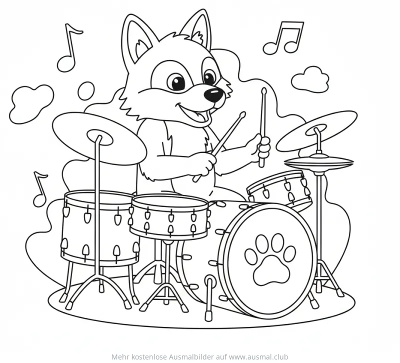 Wolf spielt Schlagzeug Ausmalbild mit Noten