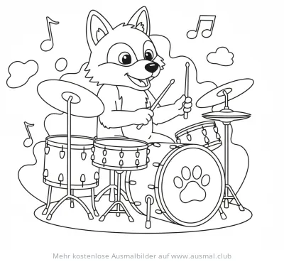 Wolf spielt Schlagzeug Ausmalbild mit Noten