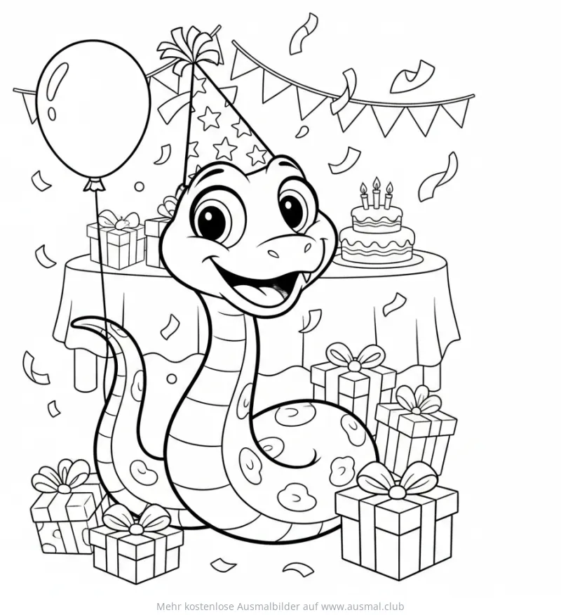 Schlange mit Partyhut und Geschenken Ausmalbild