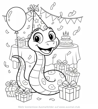 Schlange mit Partyhut und Geschenken Ausmalbild