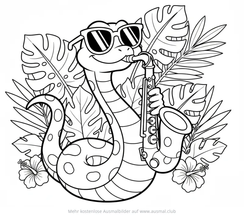Schlange mit Sonnenbrille spielt Saxophon Ausmalbild