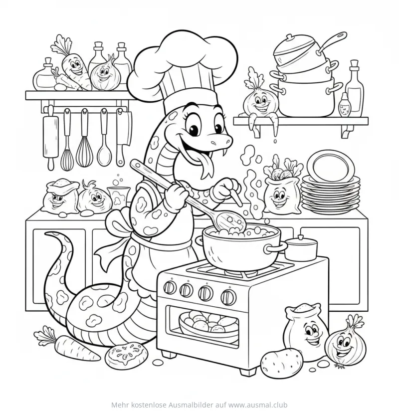 Schlange als Koch in der Küche Ausmalbild