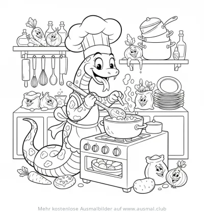 Schlange als Koch in der Küche Ausmalbild