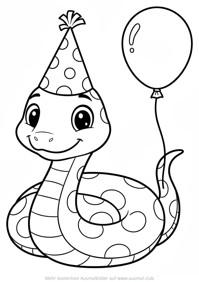 Schlange mit Partyhut und Luftballon Ausmalbild