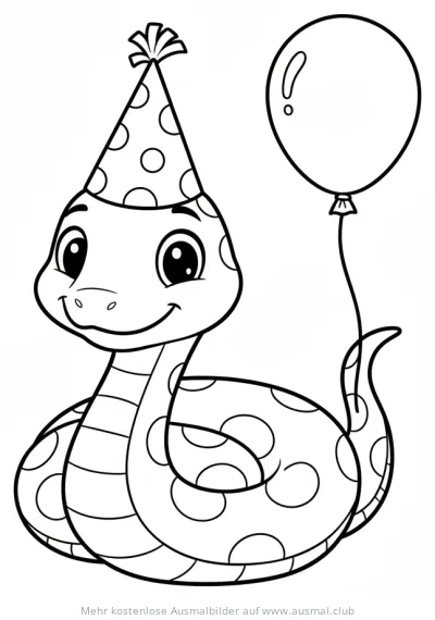 Schlange mit Partyhut und Luftballon Ausmalbild