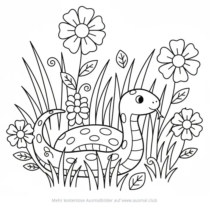 Niedliche Schlange mit Punkten im Gras, Ausmalbild