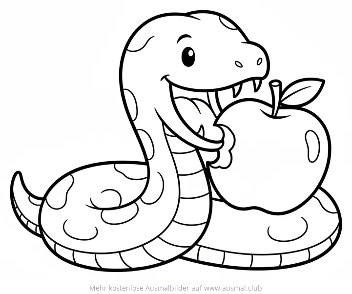 Freundliche Schlange isst Apfel Ausmalbild