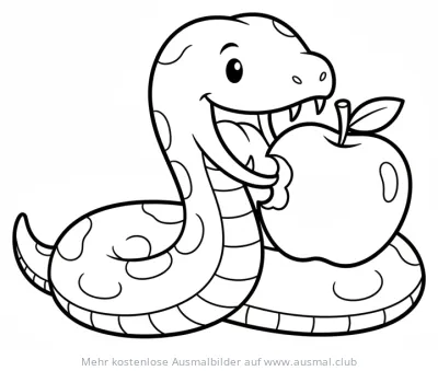 Freundliche Schlange isst Apfel Ausmalbild