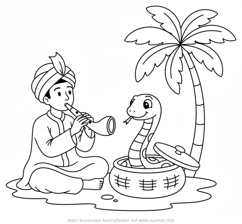 Schlangenbeschwörer mit Schlange und Palme Ausmalbild