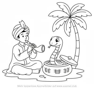 Schlangenbeschwörer mit Schlange und Palme Ausmalbild