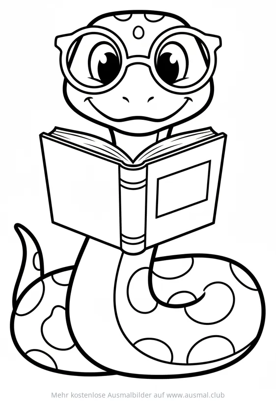 Schlange mit Brille liest ein Buch Ausmalbild