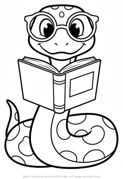 Schlange mit Brille liest ein Buch Ausmalbild
