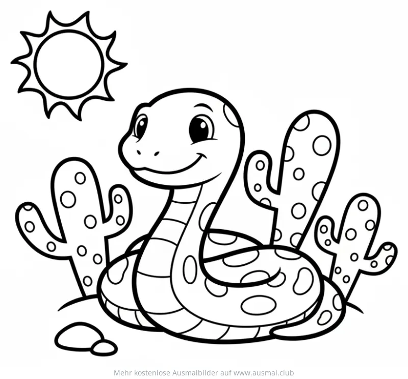 Freundliche Schlange mit Kakteen in der Wüste Ausmalbild