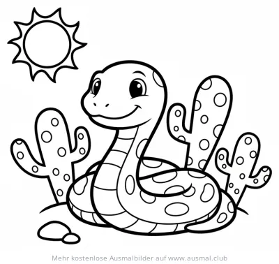 Freundliche Schlange mit Kakteen in der Wüste Ausmalbild