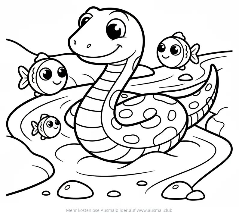 Freundliche Schlange schwimmt mit Fischen im Fluss Ausmalbild